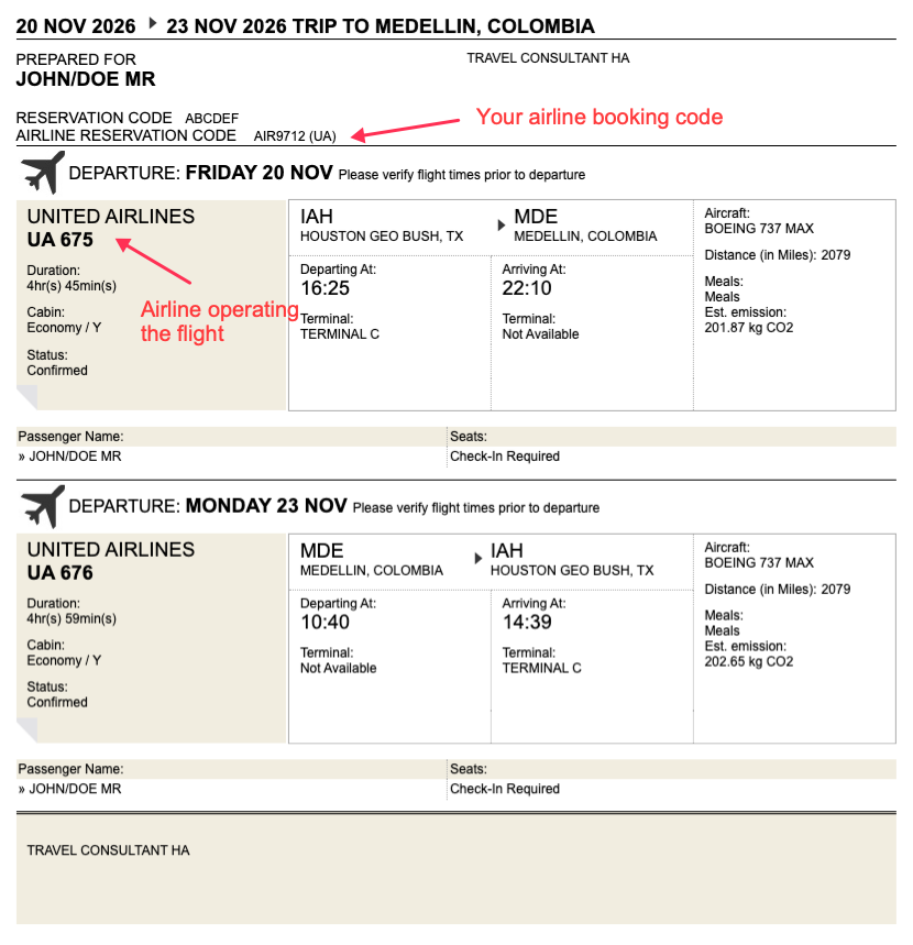 Sample reservation document with passenger, route and booking reference details